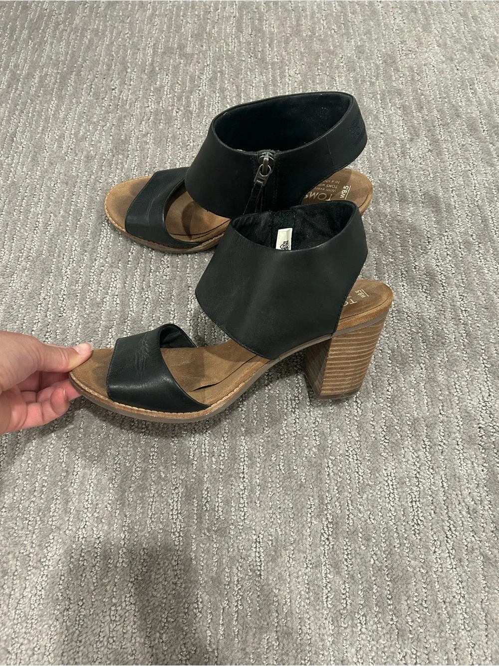 TOMS Black Leather Ankle-Strap Wedge Sandals